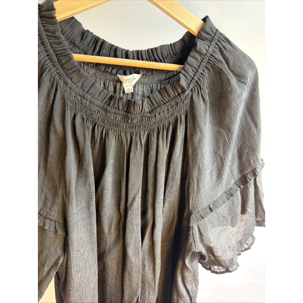 Nanette Lepore Smocked Off The Shoulder Blouse Black Ruffle Flutter Sleeve XL